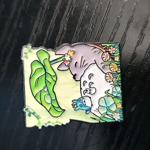 Cute Green Totoro Enamel Pin - Forest Floral Design